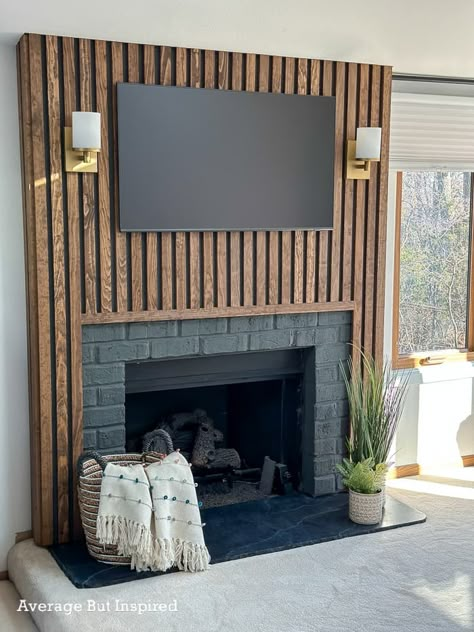 Fireplace Makeover Wood, Wood Slat Fireplace, Slat Fireplace, 1970s Fireplace, Wood Fireplace Surrounds, Fireplace Feature Wall, Diy Fireplace Makeover, Slate Fireplace, Wooden Fireplace