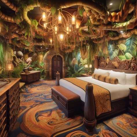 Jungle Cabin Interior, Jungle Themed Bedroom Adult, Jungle Theme Room Adult, Jungle Theme Bedroom For Adults, Elf Bedroom, Rainforest Bedroom, Rainforest Aesthetic, Manifesting Ideas, Rainforest Room