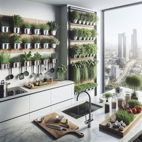 Say goodbye to cluttered countertops and hello to a sustainable, space-saving solution for fresh herbs! Our step-by-step guide will help you create an indoor herb wall garden that will elevate your living space and your cooking game. 🌿 #ecolivingjourney #indoorherbgarden #sustainableliving Modern Kitchen Herb Garden, Kitchen With Indoor Garden, Vertical Garden Bathroom, Herb Wall Planter Indoor, Vertical Garden Kitchen, Kitchen Indoor Garden, Kitchen Wall Herb Garden, Indoor Garden Small Spaces, Living Wall Kitchen