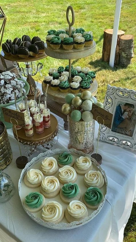 White And Gold Boho Table Setting, Natural Flower Bouquet Brides, Forest Green Quinceanera Cake, Earthy Dessert Table, Wedding Food Decorations, Sage Candy Table, Succulent Dessert Table, Desert Table Ideas For Graduation, Green Sweets Table