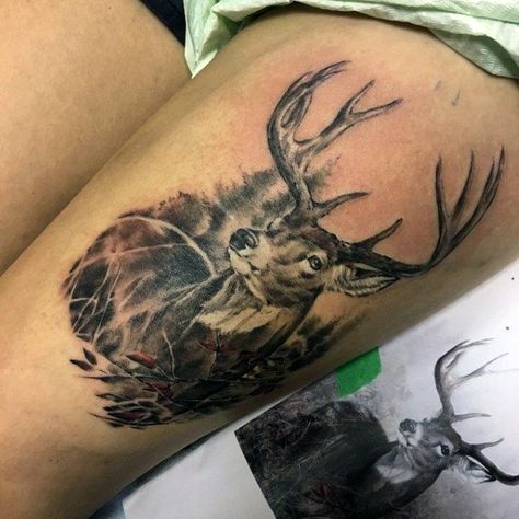 Guys Deer Head Tattoo Designs On Upper Thigh Fishing Tattoo Ideas, Deer Hunting Tattoos, Buck Tattoo, Fisherman Tattoo, Hunting Fishing Tattoo, Small Fish Tattoos, Deer Head Tattoo, Deer Tattoo Designs, Fishing Tattoo