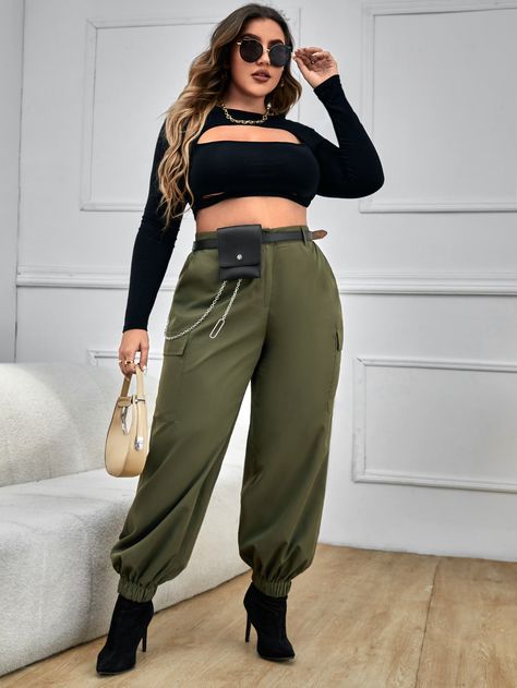 Plus Flap Pocket Cargo Pants Without Belt | SHEIN USA Flap Pocket Cargo Pants, Chubby Style, Pocket Cargo Pants, Summer Styles, Cargo Trousers, Outfit Summer, Print And Cut, Flap Pocket, T Shirt Top