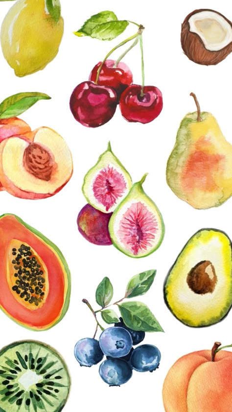 Fruit Collage, Fruits Drawing, Fruit Wallpaper, Watercolor Fruit, Keramik Design, Fruit Painting, Fruit Print, Dessin Adorable, Fruit Art