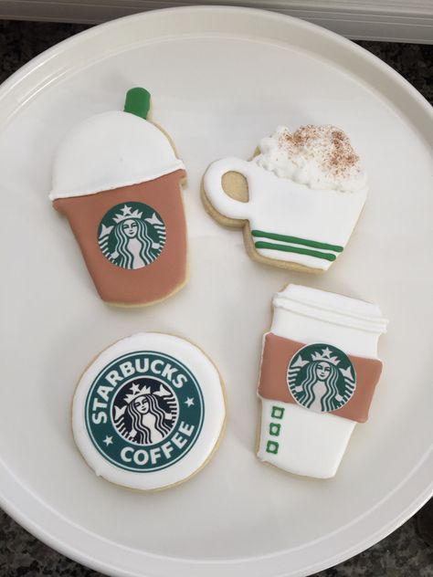 Royal icing Starbucks themed sugar cookies Chai Latte Cupcakes, Starbucks Birthday Party, Starbucks Cookies, Starbucks Party, Panda Cookies, Starbucks Cake, Starbucks Birthday, Royal Iced Cookies, Sugar Cookie Designs