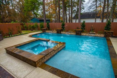 Pool and spa L Shaped Pool, Pool With Tanning Ledge, Cody Pools, Blue Haven Pools, Inground Pool Designs, Geometric Pool, Residential Pool, Luxury Swimming Pools, Luxury Pools