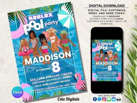 Canva Video, Pool Beach Party, Piñata Ideas, Template Invitation, Pool Party Invitations, Birthday Party Celebration, Pool Beach, Diy Template, 9th Birthday