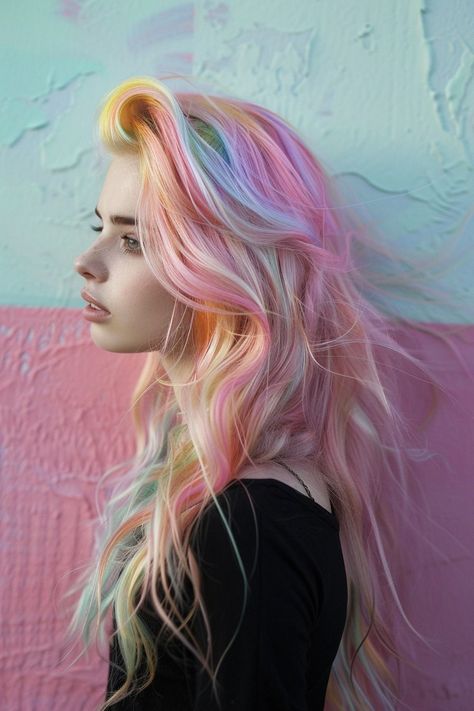 Rainbow Hair Ideas - Hair Color Ideas - Summer Hair Color Ideas - Mom Cut Iridescent Hair Color, Rainbow Hair Highlights, Rainbow Hair Ideas, Hair Couler, Iridescent Hair, Festival Hair Braids, Hair Color Placement, Summer Hair Color Ideas, Holographic Hair