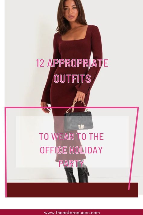 A brunette model wears a burgundy maxi sweater dress with long sleeves and black ankle boots. She carries a black handbag in one hand. Outside Office, Office Holiday Party Outfit, Office Party Outfits, Holiday Party Outfits, Party Outfits For Women, Office Holiday Party, Outfits To Wear, Office Holiday, Hair Down