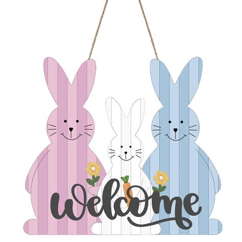 PRICES MAY VARY. Fresh and Cute Design: Easter bunny door decoration design is 3 cute bunnies, respectively pink, white and blue, a happy family of three, with carrots and flowers in hand, and printed with the word "Welcome", to celebrate the arrival Easter, is a very suitable decoration for Easter. Suitable Size: The Easter bunny welcome sign door decor measures 12 x 10.6 inches and comes with linen rope for easy hanging. You can hang it anywhere you like to decorate your home, meet your daily Easter Bunny Door Decoration, Easter Door Decorations, Easter Wreaths For Front Door, Hanging Welcome Sign, Easter Bunny Decor, Sign For Front Door, Easter Door Decor, Door Porch, Front Door Porch