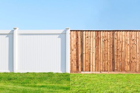 Vinyl vs. Wood Fence: What’s the Difference? Wood Grain Vinyl Fence, Good Neighbor Fence, House Awnings, How To Patch Drywall, Wood Fencing, Wood Privacy Fence, Wall Repair, Fence Boards, Fencing Material