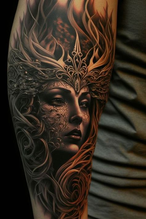 Arm Tattoo Ideas For Men, Individual Tattoo, Arm Tattoo Ideas, Hexagon Tattoo, Warrior Tattoo Sleeve, Female Warrior Tattoo, Valkyrie Tattoo, Viking Tattoo Sleeve, Octopus Tattoo Design