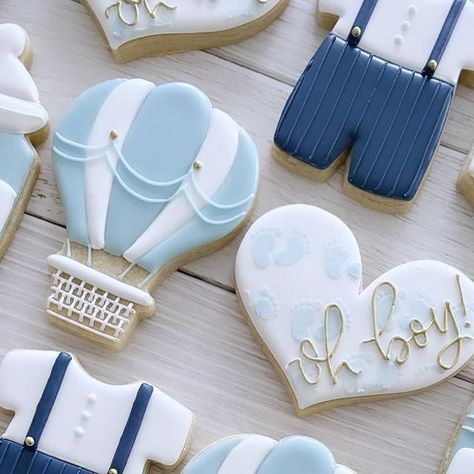 Hot Air Balloon Sugar Cookies, Victorian Baby Shower, Hot Air Balloon Cookies, Baby Bottle Cookies, November Baby Shower, Baby Boy Cookies, Heart Onesie, Balloon Cookies, Decorative Cookies