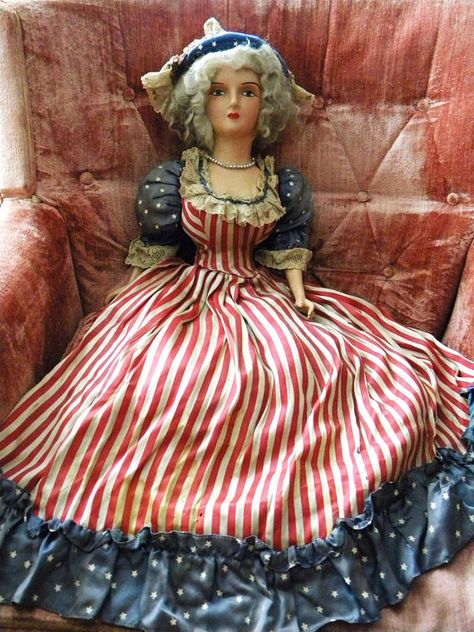 Antique Patriotic Boudoir Doll 31 Tall Betsy Ross Flapper Era, Vintage Patriotic, Betsy Ross, Half Dolls, Unique Dolls, Aged To Perfection, Stars And Stripes, Vintage Dolls, Red White Blue