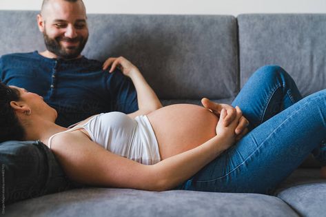 Pregnant Sleep, Men Kissing, Pregnant Woman, Pregnant Belly, Modern Sofa, Pregnant Women, Soulmate, True Love, Stock Photography