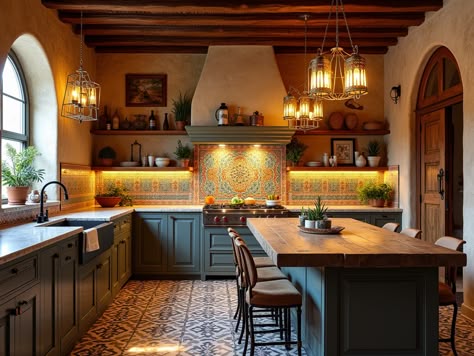 11+ Moroccan-Style Kitchen with Ornate Tiles - Dear Adam Smith Indian Interior Design Kitchen, Arab Kitchen, Moroccan Style Kitchen, Arabic Kitchen, Rustic Cabin Kitchen, Mexico Kitchen, Mission Style Kitchens, French Provincial Kitchen, Boho Style Living