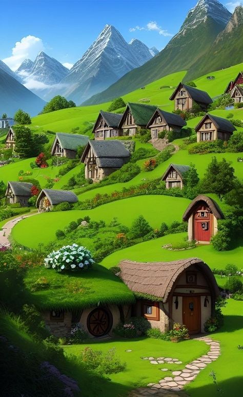 Peaceful Community Drawing, Dream Community Drawing, Nature Drawing Pictures, Community Drawing, Switzerland House, Waterfall Scenery, Fairytale House, $b Wallpaper, Fantasy Town