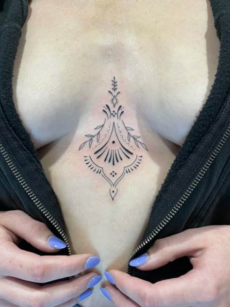 Delicate Sternum Tattoo Women, Botanical Sternum Tattoo, Ornamental Underboob Tattoo, Lower Sternum Tattoo, Ornamental Tattoo Sternum, Sternum Tattoo Women Simple, Leaf Sternum Tattoo, Sternum Ornamental Tattoo, Minimalist Sternum Tattoo Women