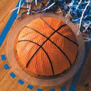 Basketball Cake Recipe from Taste of Home -- shared by Lonna Liccini of Clifton, Virginia #March_Madness Basketball Birthday Cake, Vegetarian Chocolate Cake, March Madness Parties, Fairy Birthday Cake, Basketball Cake, Basketball Birthday Parties, Ball Cake, Sport Cakes, Basketball Party