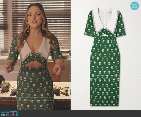 Fallon’s green floral cutout dress on Dynasty. Outfit Details: https://wornontv.net/276021/ %23Dynasty Dynasty Kirby Outfits, Dynasty Kirby, Dynasty Season 5, Dynasty Fallon, Dynasty Fashion, Dynasty Outfits, Dynasty Clothing, Fallon Carrington, Worn On Tv