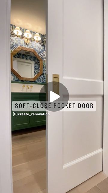 CReate Renovation & Design on Instagram: "> Space-Saving Solution Alert! < Say hello to our newly installed soft-close pocket doors in the chic powder room of our Central Park South project! 🚪💫 Not only does the pocket door add a touch of modern elegance to the powder room, but it also enhances functionality and convenience. With two way soft-close technology, these doors glide shut and opened with minimal effort, eliminating slamming noises and ensuring peace and tranquillity. If you’re looking to upgrade your home with a space-saving pocket door, contact us today for a consultation. 👷 Design | @vergarahomes GC | @create_renovation Custom Millwork | @create_renovation Pocket door mechanism | @sugatsuneamerica Thinking of renovating your NYC apartment? Get in touch with us! 📧 miguel Pocket Doors Master Bath, Pocket Door Toilet Room, Laundry Room Pocket Door Ideas, Bathroom Pocket Door Ideas Modern, Wide Pocket Door, Pocket Door For Bathroom, Pocket Door Laundry Room, Pocket Doors Ideas, Bathroom Pocket Door Ideas