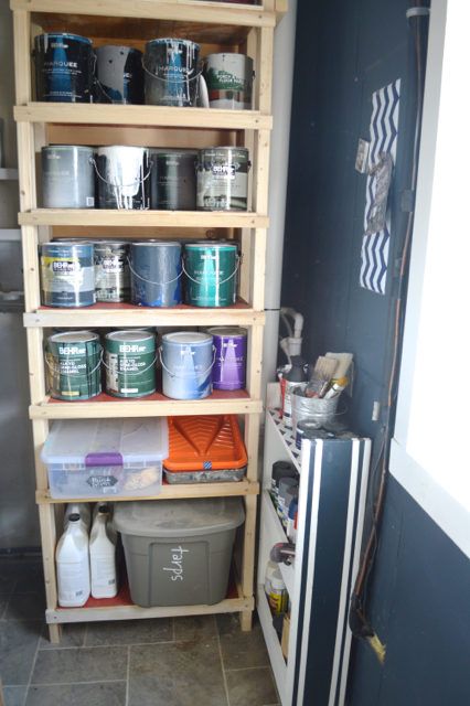 DIY paint supply storage - NewlyWoodwards Painting Supply Storage, Paint Supply Storage, Gallon Paint Can Storage Ideas, Paint Can Storage Ideas, Paint Can Storage, Leftover Paint Storage, Paint Shed, Shed Organizer, Shed Storage Ideas