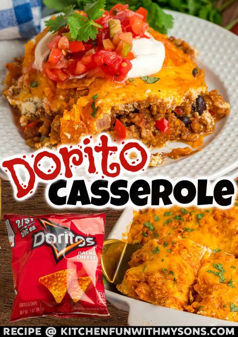 With ingredients like seasoned ground beef, black beans, diced tomatoes and chilies, and lots of cheese, there's no shortage of flavor in this Dorito Casserole recipe. A family favorite that's ready in just 45 minutes! #casserolerecipe #easycasseroles #familydinner Dorito Casserole Hamburger With Crescent Rolls, Dorito Casserole With Cream Of Chicken, Dorito Casserole With Ground Beef, Simple Hamburger Casserole Recipes, Mexican Dorito Casserole Beef, Ground Hamburger Dinner Ideas, Dorito Ground Beef Casserole, Doritos Mexican Casserole, Dorito Pie Casserole