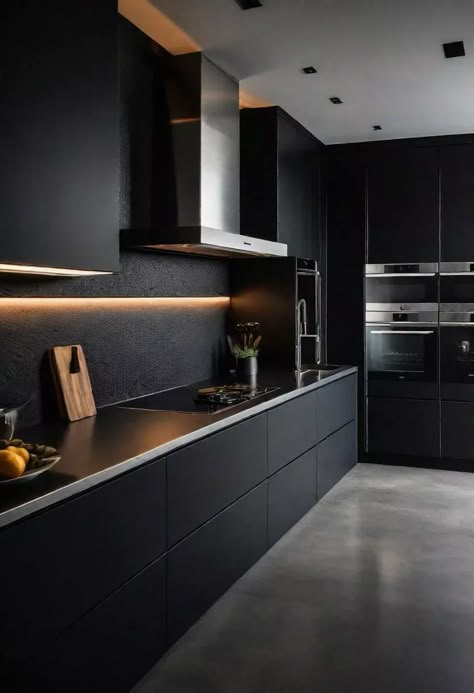 43 Aesthetic Kitchen Ideas to Transform Your Space 27 All Black Kitchen Ideas Modern, Sleek Black Kitchen, Dark Minimalist Kitchen, Dark Minimalist Interior Design, Minimalist Kitchen Dark, Dark Kitchen Aesthetic, Dark Kitchen Design, Modern Sleek Kitchen, Black Marble Kitchen