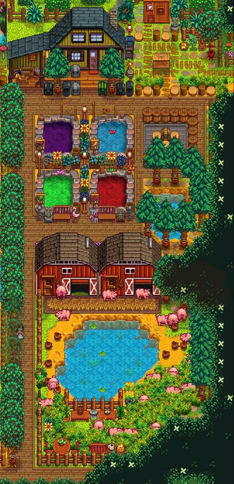 Forest Farm Layout, Stardew Farms, Forest Farm, Stardew Valley Layout, Stardew Valley Tips, Stardew Valley Farms, Valley Game, Star Valley, Farm Layout