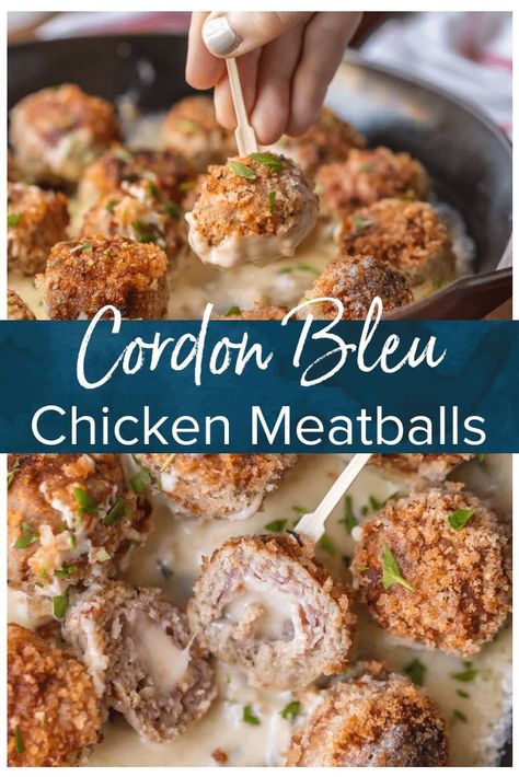 CHICKEN CORDON BLEU MEATBALLS are the most amazing holiday appetizer ever! Chicken meatballs stuffed with swiss and ham, and cooked in a white wine dijon sauce. I could eat these Cordon Bleu Chicken Meatballs for every meal! Cordon Bleu Chicken, Appetizers Chicken, Holiday Appetizers Thanksgiving, Dijon Sauce, Crockpot Appetizers, Holiday Appetizers Recipes, Appetizer Meatballs, Meatball Recipes Easy, Cookie Rookie