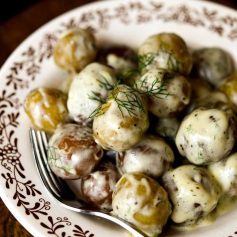 New Potatoes with Creamy Dill Sauce - Joyfuel Eats Dill Cream Potatoes, Mini Hasselback Potatoes With Creamy Dill Dip, Creamed Dill Potatoes, Dill New Potatoes, Creamy Dill Sauce For Potatoes, Dill Potatoes Boiled, Dill Sauce For Potatoes, Potatoes And Dill, New Potatoes In Cream Sauce