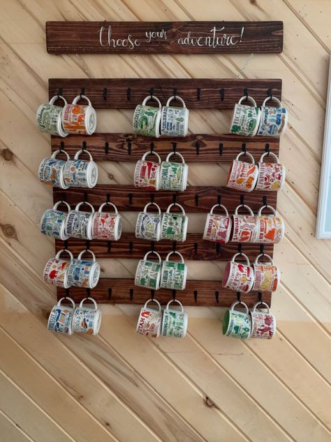 starbucks been there series mug rack Been There Series Starbucks Mugs Display, Starbucks Been There Mugs Display, Starbucks Mugs Display, Starbucks Mug Display Ideas, Starbucks Cup Organization, Diy Mug Rack, Coffee Mug Holder, House Organization, Mug Display