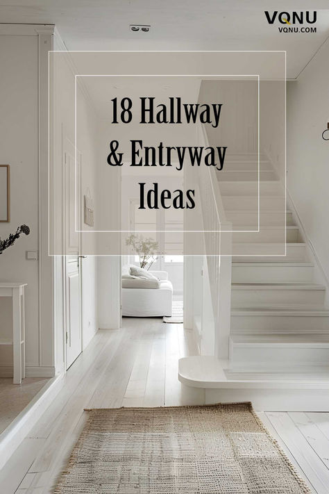 A beautifully designed hallway and entryway featuring light wooden flooring, a simple rug, and minimalist decor. The space is bright and airy, leading to a cozy living area with a white sofa and natural light from large windows. Townhouse Stairs Entryway, Stairs Near Front Door Entryway, Built In Closet Entryway, House Entry Decoration Ideas, Grand House Entrance, Front Hall Bench Entryway, Townhouse Foyer Entryway, House Corridor Design Entryway, Hallway Front Door Entrance