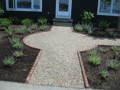 Pea Gravel walkway bordered with brick. Gravel Walkway, Brick Walkway, Outdoor Walkway, Walkway Ideas, Gravel Patio, Front Walkway, Gravel Path, Gravel Garden, Stone Walkway