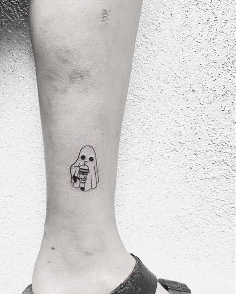 Fine line tattoo of ghost with boba, on leg. By Sille Klinge Boba Tattoo, Starbucks Tattoo, Tattoo On Leg, Mystical Tattoos, Small Tats, Ghost Tattoo, Fine Line Tattoo, Flash Tattoos, Line Tattoo