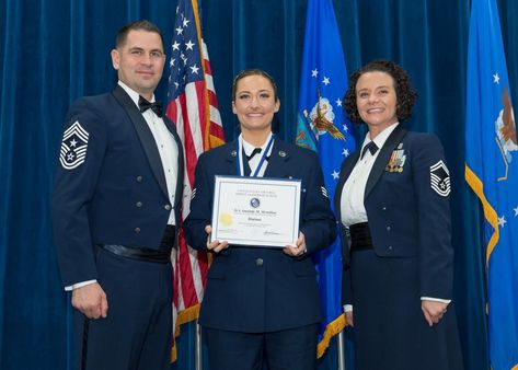 U.S. Air Force Senior Airman Amanda McMillan receives the Distinguished Graduate Award during the graduation ceremony for Airman Leadership School, Class 20-2, February 14, 2020, at the Chief Master Sergeant Paul H. Lankford Enlisted Professional Miltary Education Center on McGhee Tyson Air National Guard Base in East Tennessee. (U.S. Air National Guard photo/Master Sgt. Mike R. Smith) Graduation Uniform, Air Force Pararescue, Air Force Women, Air National Guard, Mike Smith, Master Sergeant, Tech School, U S Air Force, School Class