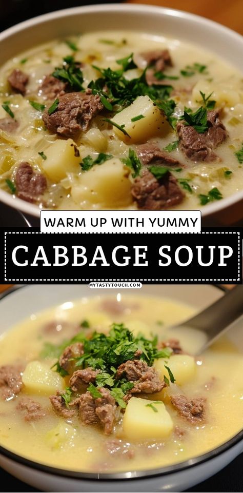 This hearty cabbage soup is perfect for chilly days! Rich in flavor with tender pieces of meat, fresh potatoes, and a sprinkle of parsley on top, it’s comfort in a bowl. Join me in making this delicious recipe that will warm you up from the inside out! German Cabbage Soup, Soups With Cabbage, Slow Cooker Cabbage Soup, Fat Burning Cabbage Soup, Vegetarian Cabbage Soup, Cabbage Soup Crockpot, Cabbage Potato Soup, Cabbage Benefits, Cabbage Soup Diet Recipe