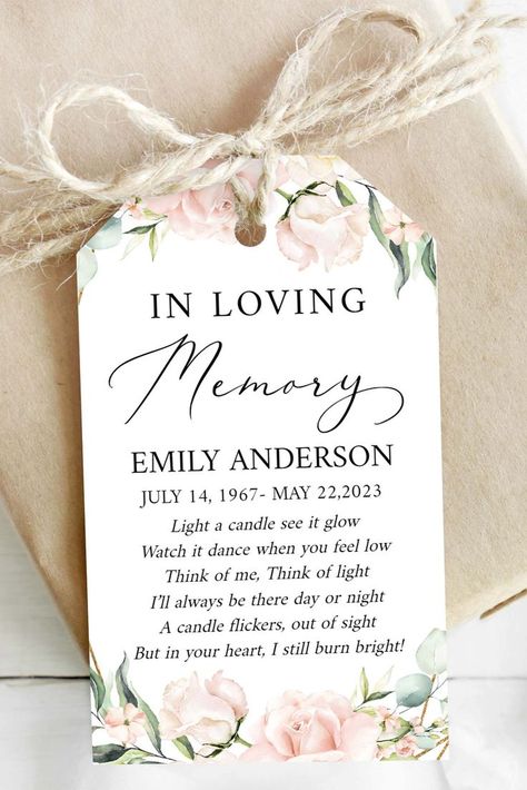 Celebration of life Blush Pink Funeral Favor Tag Template, Memorial Candle Favor Tag, Pink In Loving Memory Favor Tag, Funeral Keepsake Memorial Favors, Candle Favor, In Loving Memory Gifts, Favour Tags Template, Memorial Cards, Flower Gift Ideas, Memorial Candle, Candle Favors, Bereavement Gift