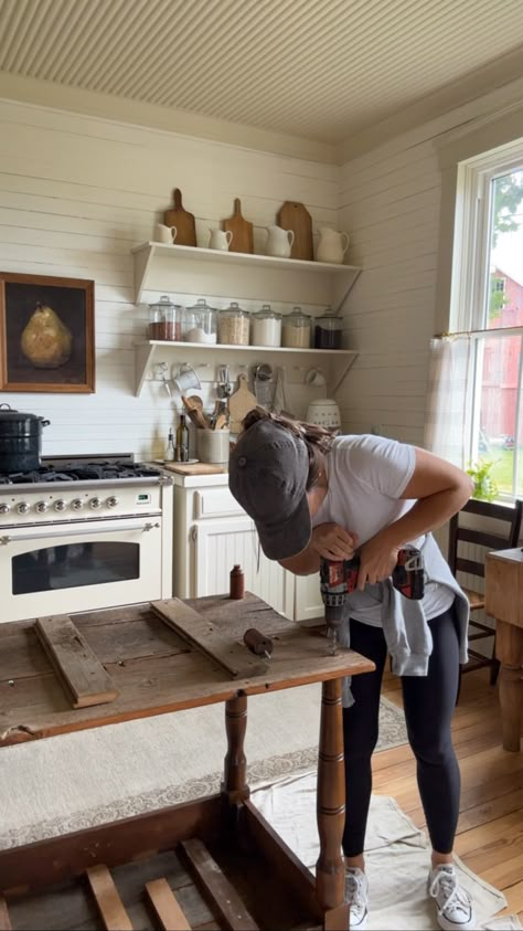 How to Turn an Antique Table into a Draper's Table Kitchen Island - Midcounty Journal Kitchen With Bakers Table, Kitchen Island Plus Table, Antique French Kitchen Island, Diy Table Island Kitchen, Built In Table Island, Farm Table Island In Kitchen, Sofa Table Kitchen Island, Farm Table With Leaves, Turn A Table Into An Island