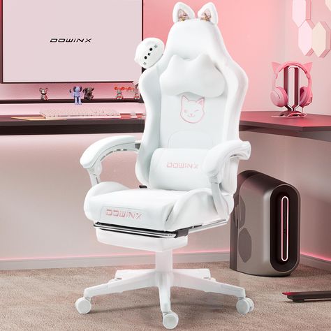 PRICES MAY VARY. Next Level Cuteness: What truly sets this gaming chair apart are the endearing cat ears perched on the top corners of the chair's backrest, cat-shaped headrest and cat doll. These whimsical accents add a delightful touch of playfulness and create an instant connection with anyone who lays eyes upon them. The cat ears and doll are removable and can be replaced with your favorite decorations. Textured Design: The gaming chair uses a leather finish overall, but uses a plush-feeling Cat Gaming Chair, Comfy Gaming Chair, Kawaii Chair, Purple Games, Instant Connection, Gamer Chair, Ergonomic Computer Chair, Room Vibes, Game Chair