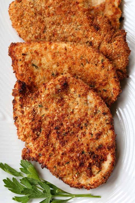 These crispy cutlets are so delicious, without frying! Oven bake or use your air fryer for a healthy dinner recipe! Turkey Cutlet Recipes, Cutlet Recipes, Turkey Chops, Cooking Turkey Breast, Chicken Cutlet Recipes, Breaded Chicken Cutlets, Turkey Cutlets, Turkey Tenderloin, Cutlets Recipes