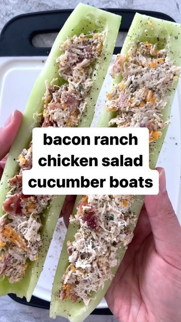 Chicken Salad On Cucumber Slices, Bacon Ranch Chicken Salad Cucumber Boats, Low Carb No Cook Lunches, Chicken Bacon Ranch Lettuce Boats, No Carb Lunches, Hot Weather Snacks, Eoe Diet Recipes, Keto Lunch Ideas To Work, Sugar Free Lunch Ideas