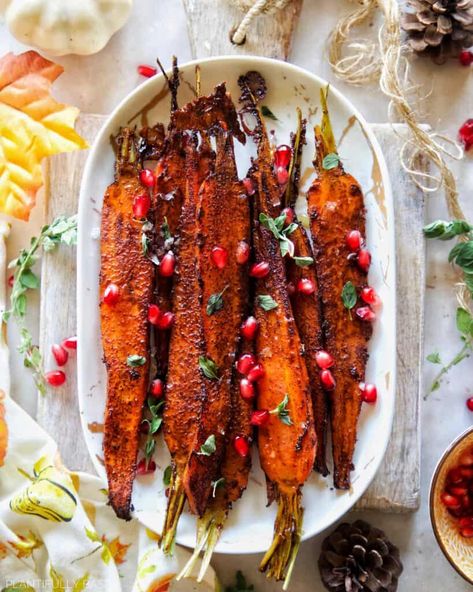 Easy Maple Roasted Carrots - Plantifully Based Maple Roasted Carrots, Vegan Dinner Recipes Easy, Holiday Side Dish, Carrot Greens, Soy Recipes, Holiday Side, Holiday Side Dishes, Vegan Comfort Food, Vegan Meal