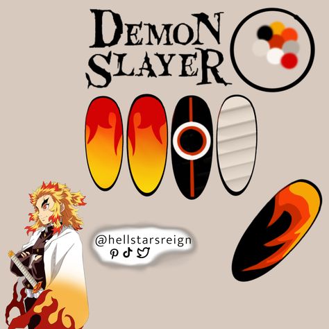 Kyojuro Rengoku a Hashira from Demon Slayer as a nail set Nail Designs Demon Slayer, Rengoku Nail Art, Giyuu Nails, Zenitsu Nails, Uñas Kimetsu No Yaiba, Demon Slayer Nail Designs, Rengoku Nails, Uñas Demon Slayer, Demon Slayer Inspired Nails