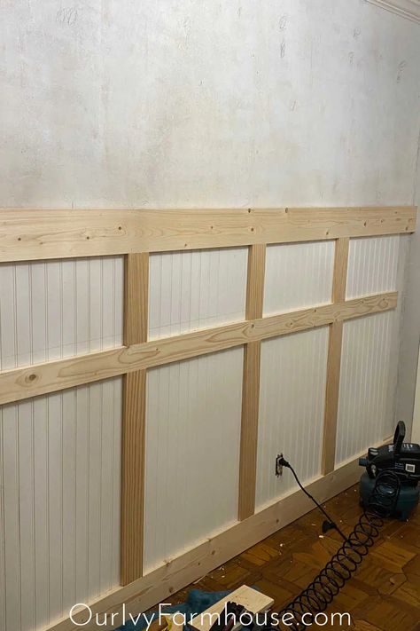 DIY Board and Batten Entryway Wall with Beadboard - Our Ivy Farmhouse Modern Beadboard, Beadboard Hallway, Beadboard Half Wall, Beadboard Bedroom, Beadboard Accent Wall, Board And Batten Hallway, Board And Batten Entryway, Batten Entryway, Wall Behind Tv