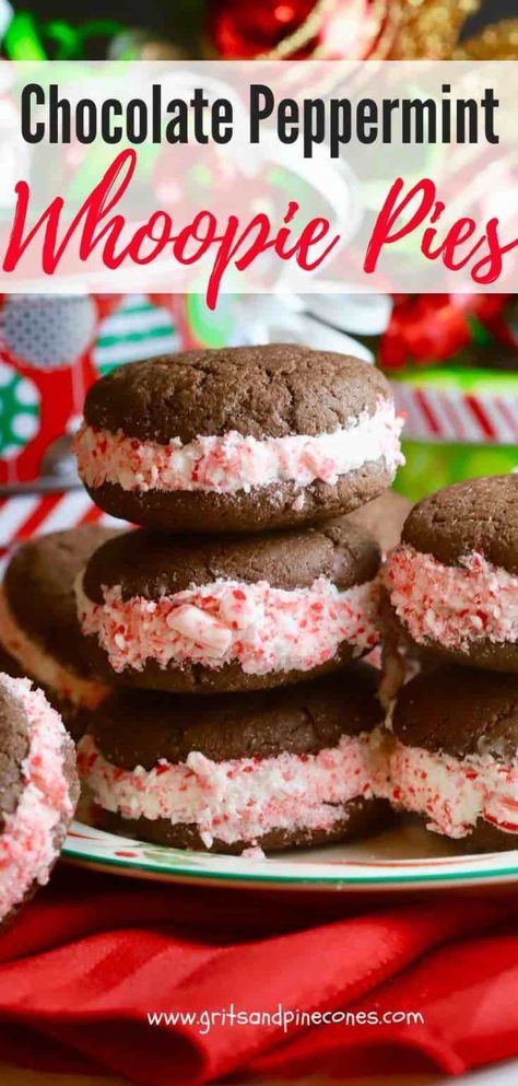 Peppermint Whoopie Pies, Festive Christmas Cookies, Peppermint Recipes, Whoopie Pie Recipe, Chocolate Whoopie Pies, New Year's Desserts, Whoopie Pie, Vegan Candies, Chocolate Sandwich