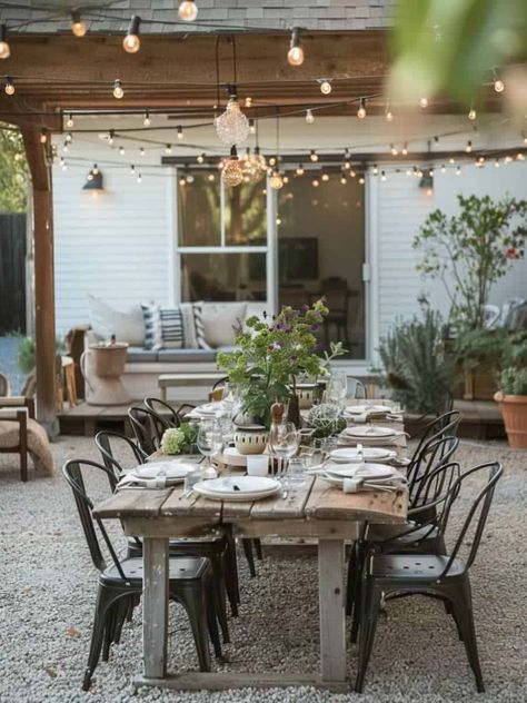 30 Gorgeous Gravel Patios: Affordable Outdoor Elegance Summer Patio Aesthetic, Diy Backyard Patio Designs, Cottage Outdoor Ideas, Front Patio Design, Cute Backyards, Brick Patio Ideas Backyards, Gravel Backyard Ideas, Pea Gravel Patio Ideas, Diy Gravel Patio