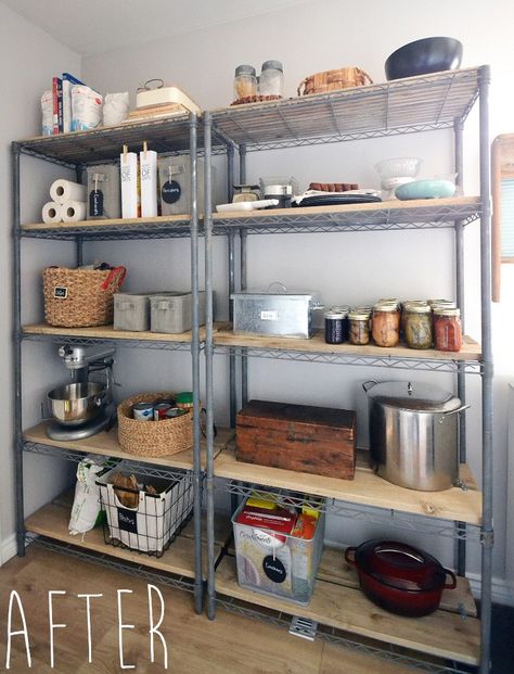 Wire Pantry Shelves, Diy Pantry Makeover, Diy Pantry Shelves, Rustic Pantry, Organize Life, Farmhouse Pantry, Pantry Makeover, Wire Shelving Units, Metal Shelving