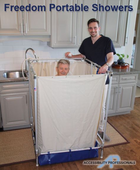 During rehab after a surgery, you may not be able to get up the stairs to your shower. Consider a portable shower that can be set up easily in your kitchen or laundry room. Call Freedom Showers 1-877-947-7769 Portable Shower Stall, Roll In Showers, Wheelchair Accessories, Portable Shower, Bathtub Drain, Camper Makeover, Shower Seats, Door Makeover, Senior Living