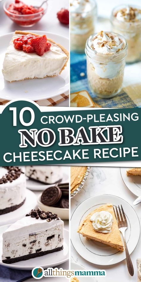 collage image showing No-Bake Cheesecake Recipes. Cheesecake Type Desserts, No Bake Philadelphia Cheesecake Recipe, Boxed Cheesecake Ideas, No Bake Cheesecake With Pudding Recipes, Box Cheesecake Ideas, No Bake Crustless Cheesecake, No Bake Cheesecake Topping Ideas, Jello No Bake Cheesecake Box Recipes, 6in Cheesecake Recipe