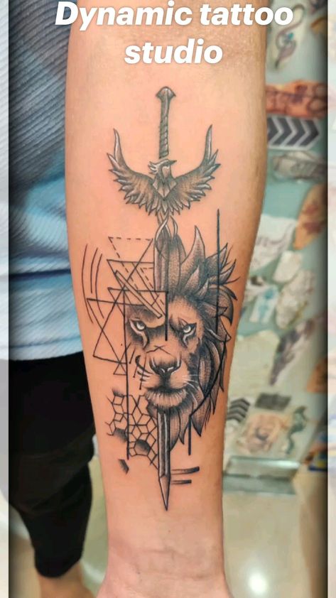 Courage Tattoos, Dynamic Tattoo, Geometric Lion Tattoo, Leg Sleeve Tattoos, Leo Tattoo, Leg Tattoo Ideas, Band Tattoo Designs, Sticker Tattoo, Armband Tattoo Design